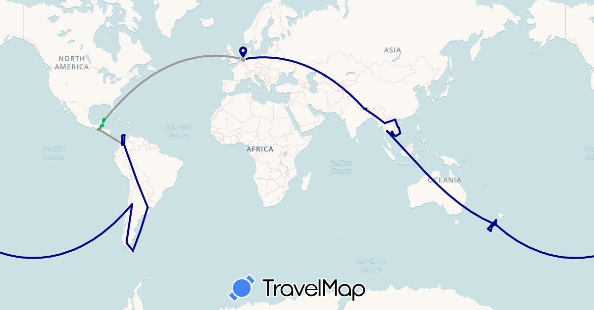 TravelMap itinerary: driving, bus, plane, hiking, boat in Argentina, Belize, Chile, Colombia, Guatemala, Cambodia, Mexico, Netherlands, Nepal, New Zealand, Thailand, Vietnam (Asia, Europe, North America, Oceania, South America)